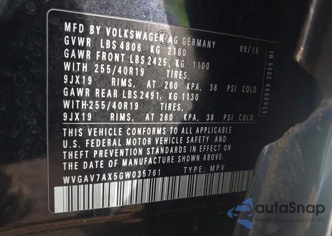 2016 Volkswagen Tiguan R-Line z USA, uszkodzony, nr VIN WVGAV7AX5GW035761